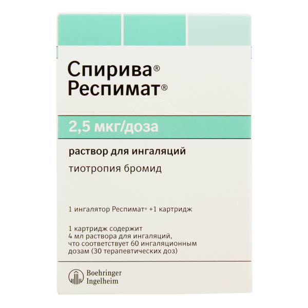 Спирива раствор для ингаляций 2,5 мкг/доза 4 мл (60 доз) картриджи в комплекте с ингалятором 1 шт